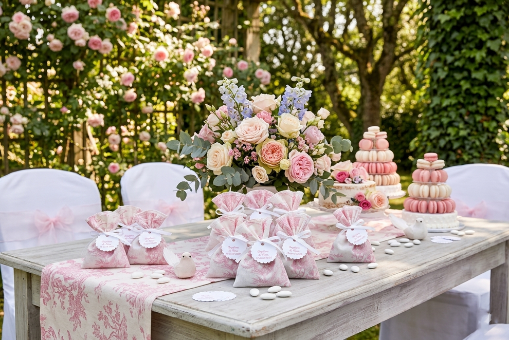 Pochon dragées Toile de Jouy Rose - étiquette à personnaliser pour mariage communion baptême