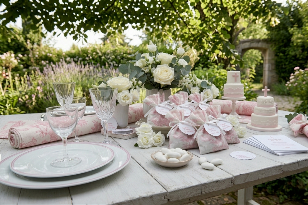 table de baptême avec déco toile de jouy rose : pochons dragées personnalisées avec étiquettes