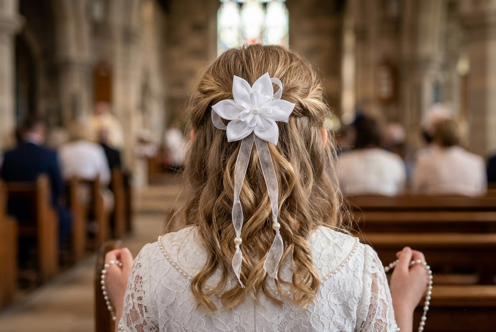 communion, #barrettedecommunion, #fleur, #fleurNouée, #accessoireCommunion, #modeEnfant, #tenueCommunion, #mai, #moisDeMarie, #tradition, #élégance, #artisanat, #faitMain, #robeBlanche, #coiffureCommunion, #décorationFlorale, #cérémonie
