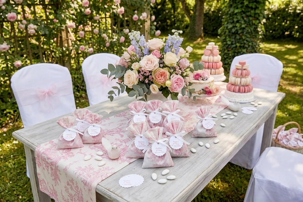 Pochon dragées Toile de Jouy Rose - étiquette à personnaliser pour mariage communion baptême