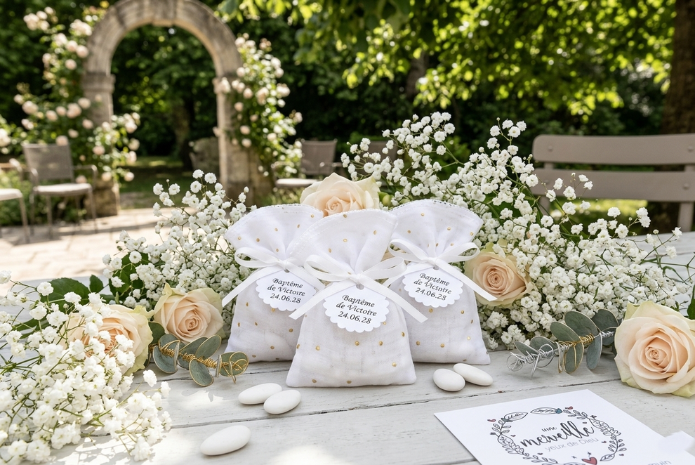 table de baptême avec pochons dragées et fleurs gypsophile
