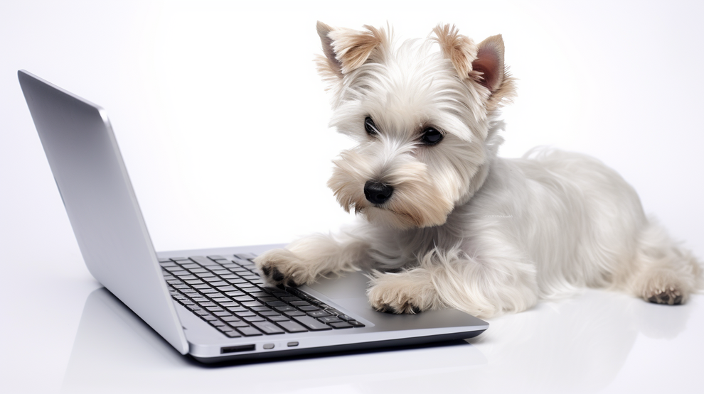 Westie schaut auf einen Laptop