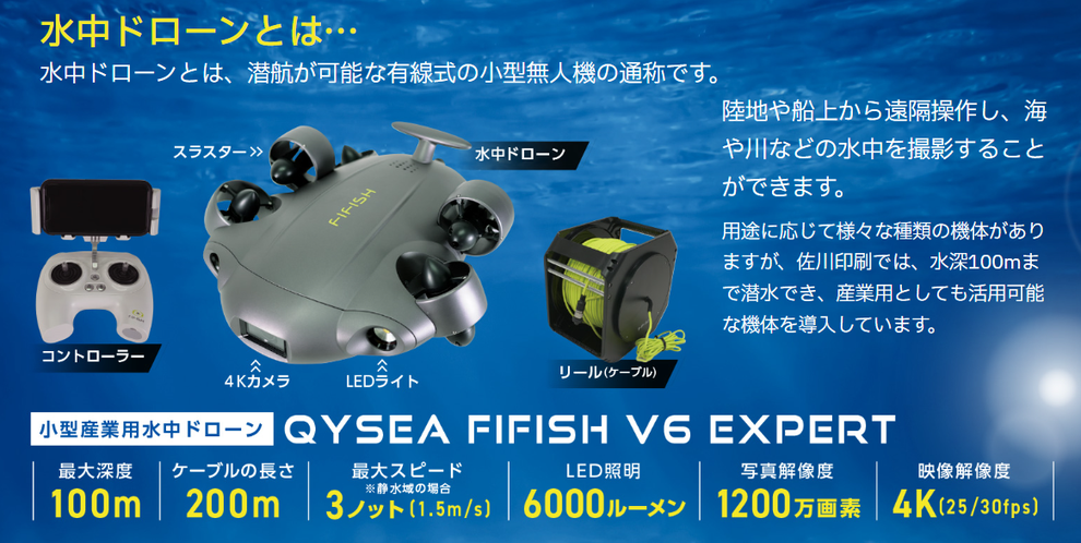 水中ドローンとは、潜航が可能な有線式の小型無人機の通称です。陸地や船上から遠隔操作し、海や川などの水中を撮影することができます。用途に応じて様々な種類の機体がありますが、弊社では、水深100mまで潜水でき、産業用としても活用可能な機体を導入しています。