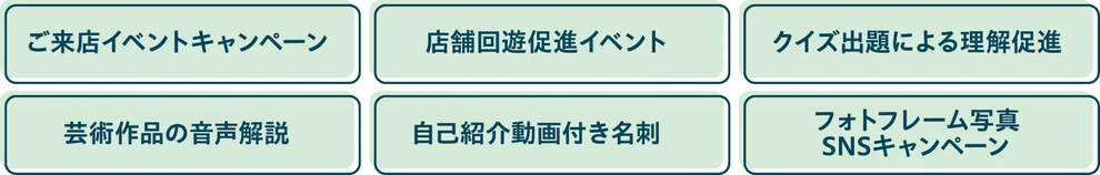 ご来店イベントキャンペーン 店舗回遊促進イベント クイズ出題による理解促進 芸術作品の音声解説 自己紹介動画付き名刺 フォトフレーム写真 SNSキャンペーン