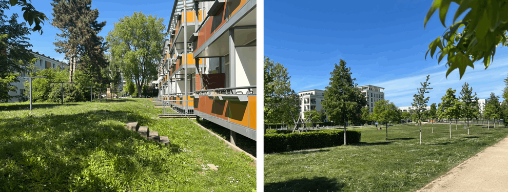 Links: Foto mit Freiraum zu den Eingängen abfallend. Rechts: Foto mit Freiraum als Mulde ausgeformt