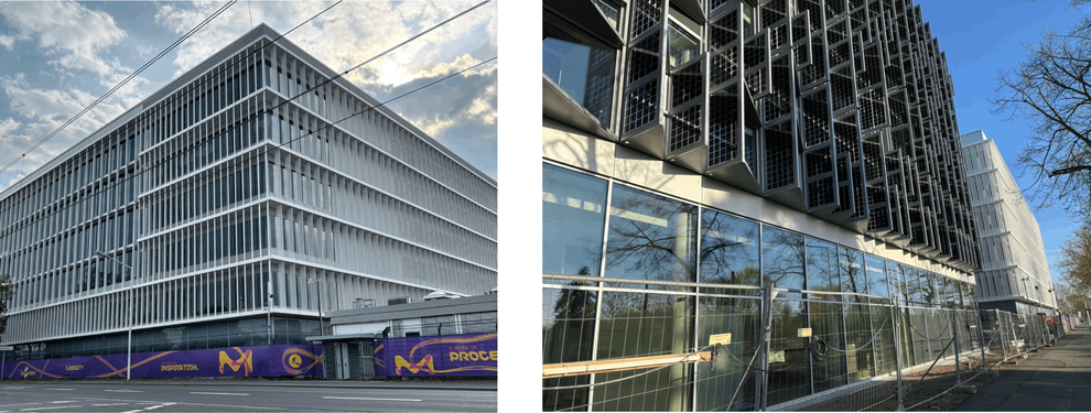 Links: Foto mit Bürogebäude mit festen Verschattungspanelen. Rechts: Foto mit in die Fassade integrierte Solarpanele als Verschattung