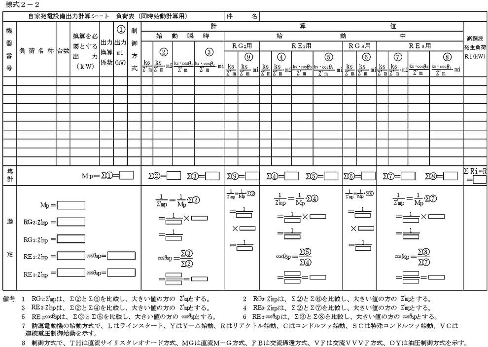 自家発電設備出力計算シート 負荷表(同時始動計算表)