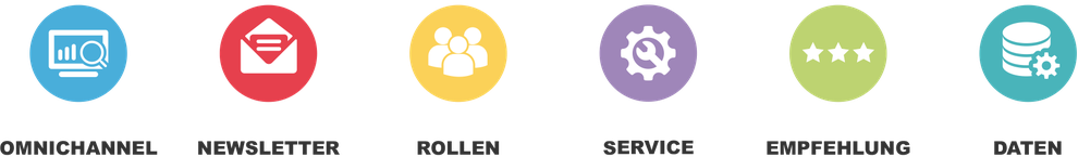 Reihe von farbigen Icons mit den Elementen Omnichannel, Newsletter, Rollen, Service, Empfehlung und Daten