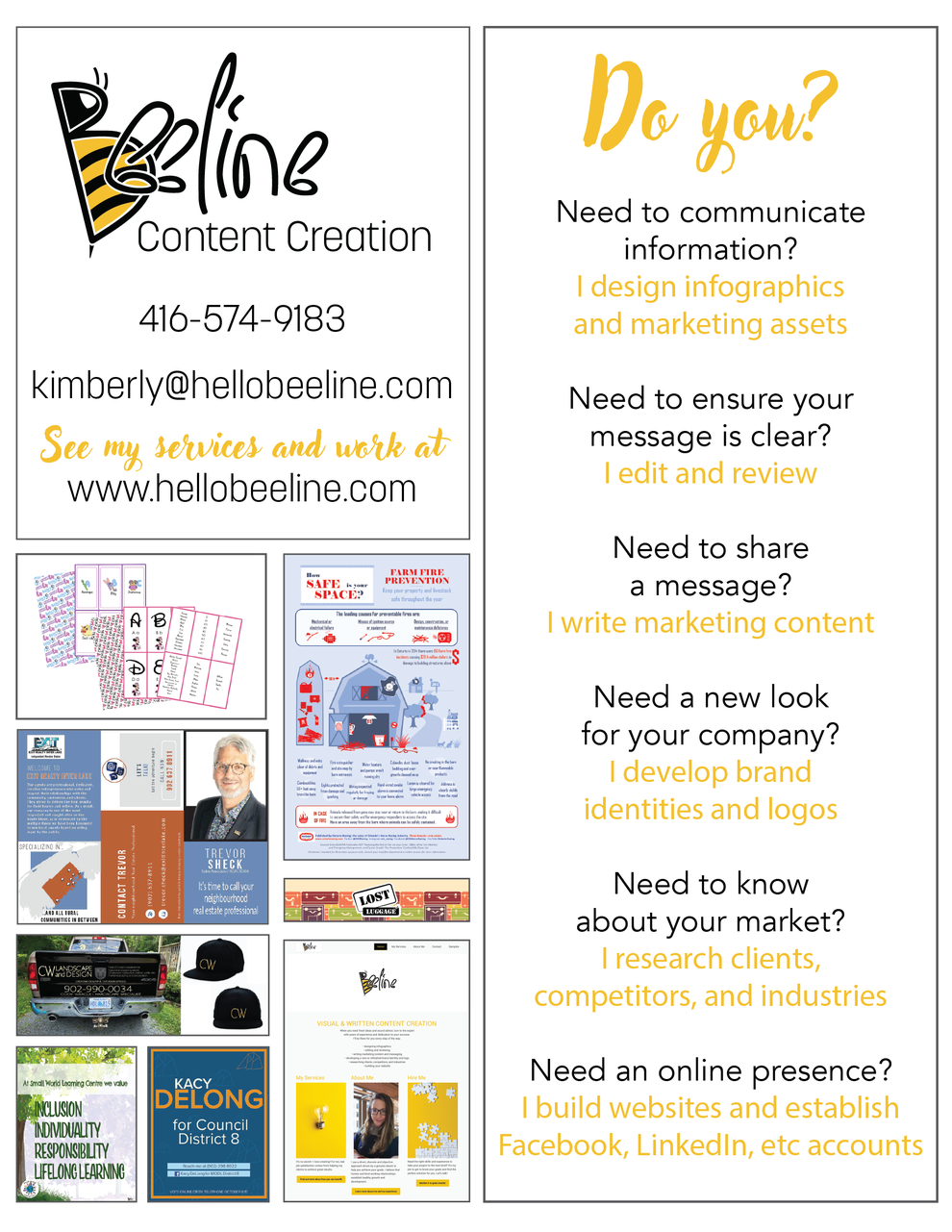 A poster showing examples of work completed, a list of services, and contact info for Beeline.