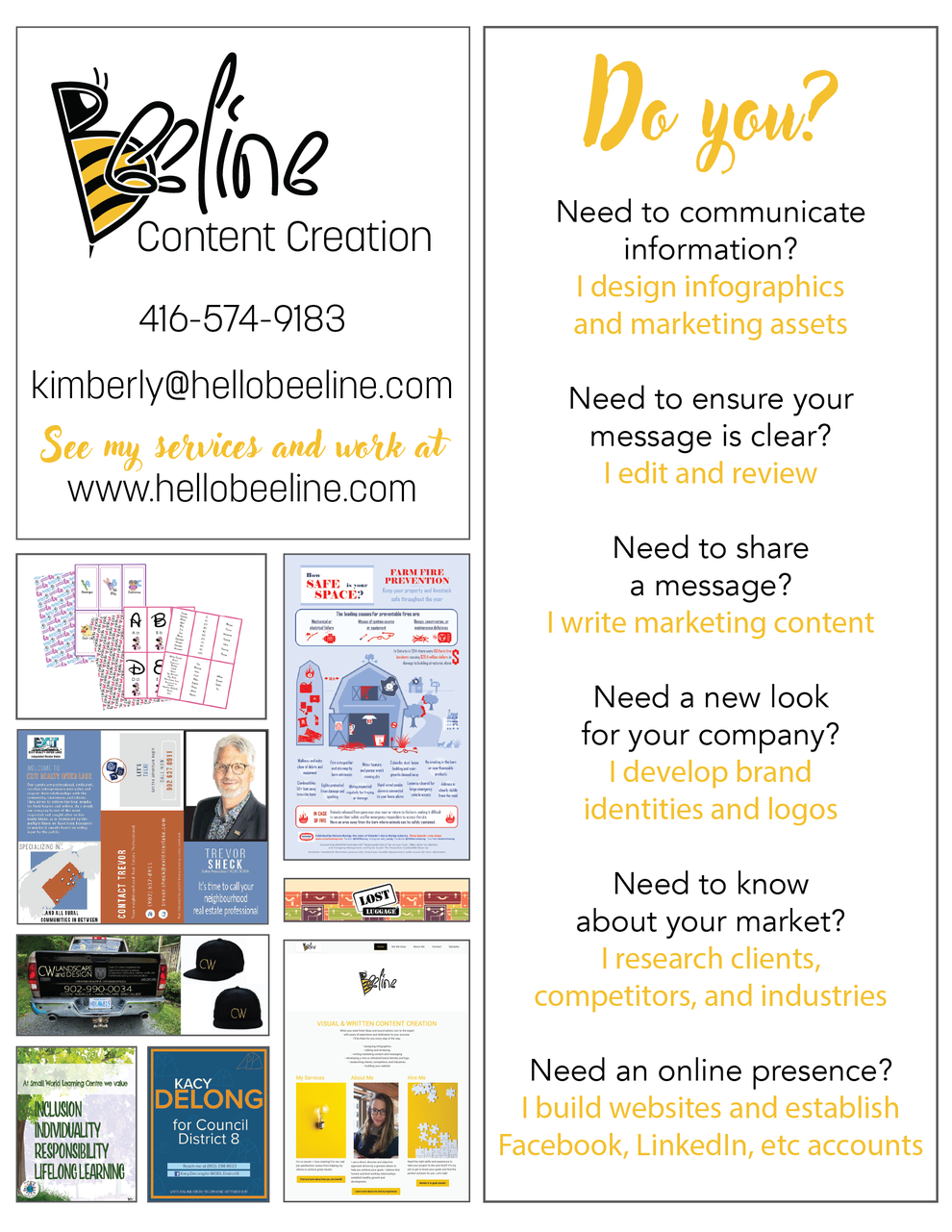 A poster showing samples of work, services, and contact info for Beeline