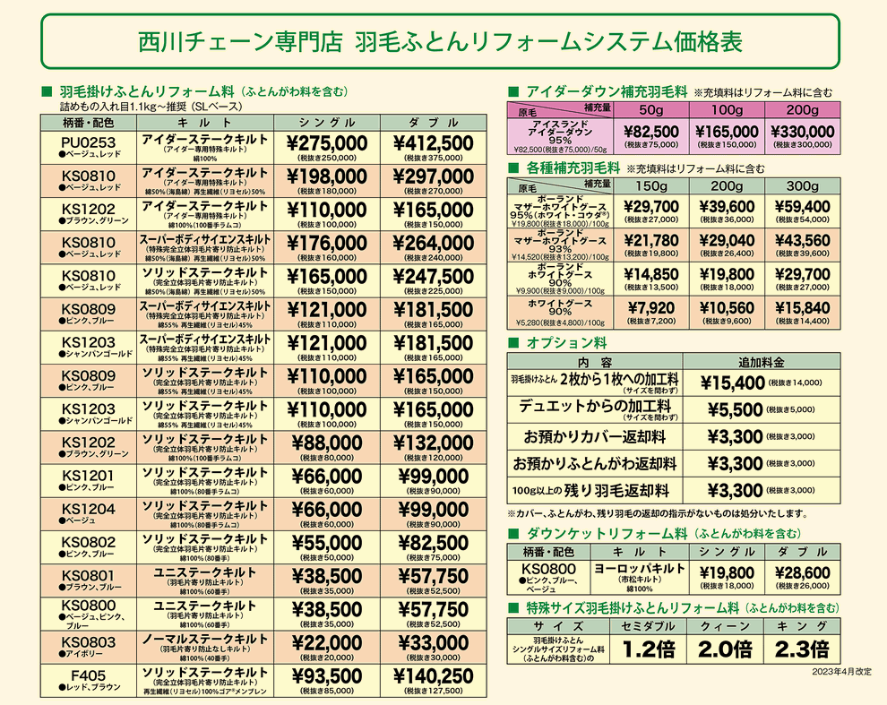 西川チェーン専門店　羽毛ふとんリフォームシステム価格表　