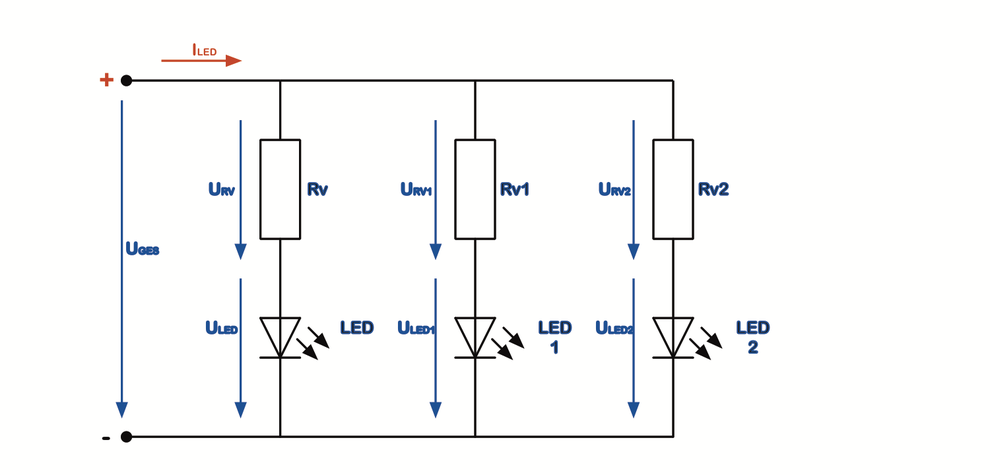 Elektronischer Schaltplan für den Vorwiderstand von mehreren LEDs