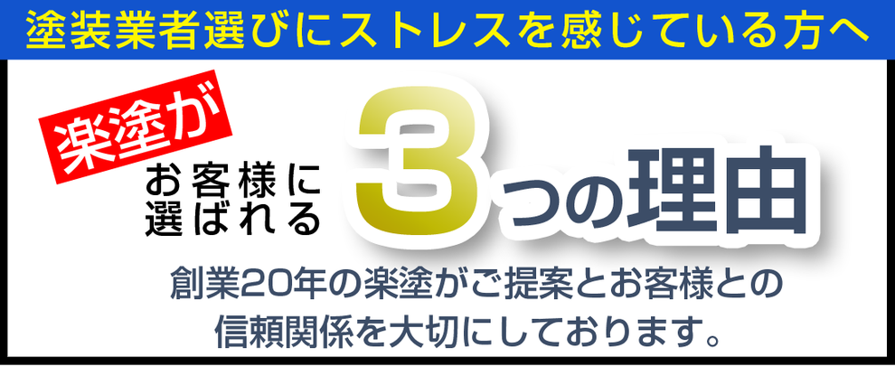 塗装業者選びにストレスを感じている方へ　楽塗がお客様に選ばれる3つの理由　創業20年の楽塗がご提案とお客様との信頼関係を大切にしております。