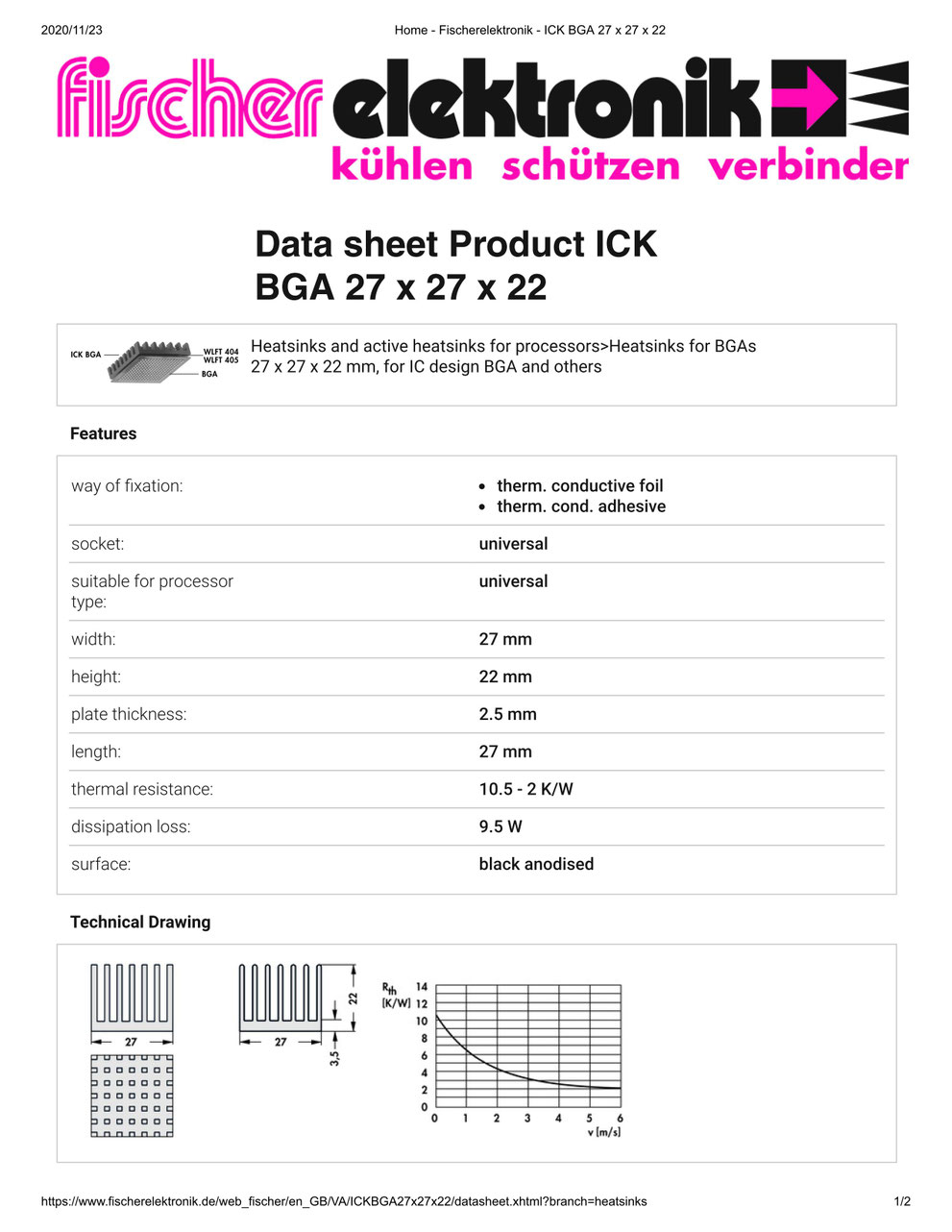 ICK BGA 27x27x22 Fischer / フィッシャー BGA用 ヒートシンク