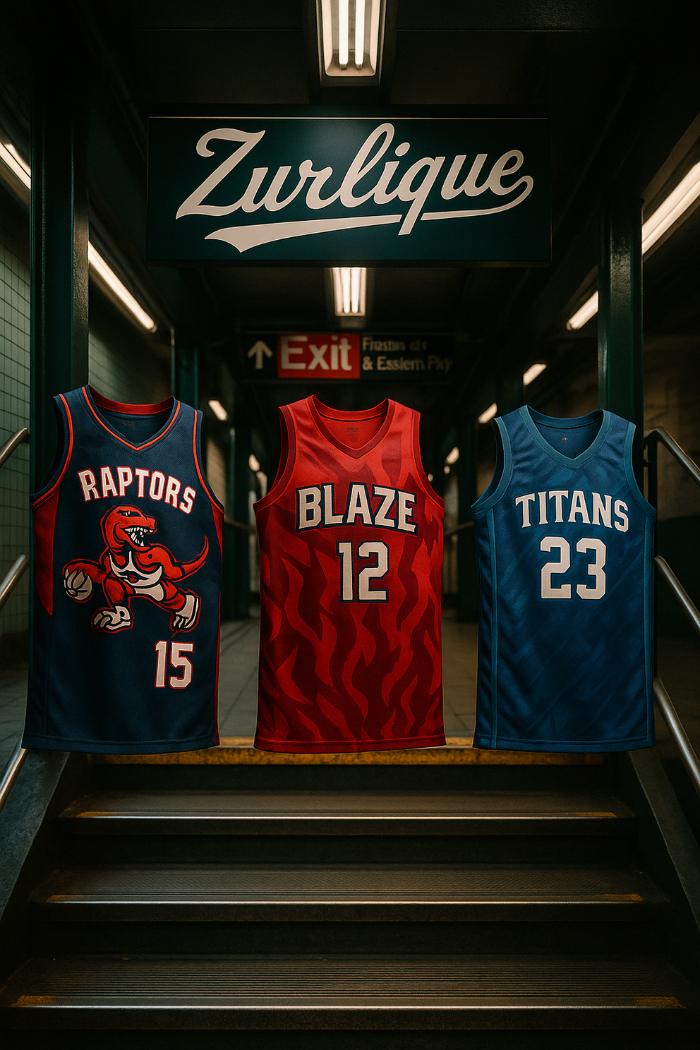 Three custom sublimation basketball jerseys by Zurlique floating in an NYC-inspired subway stairwell, featuring full-print designs for school and club teams in Singapore