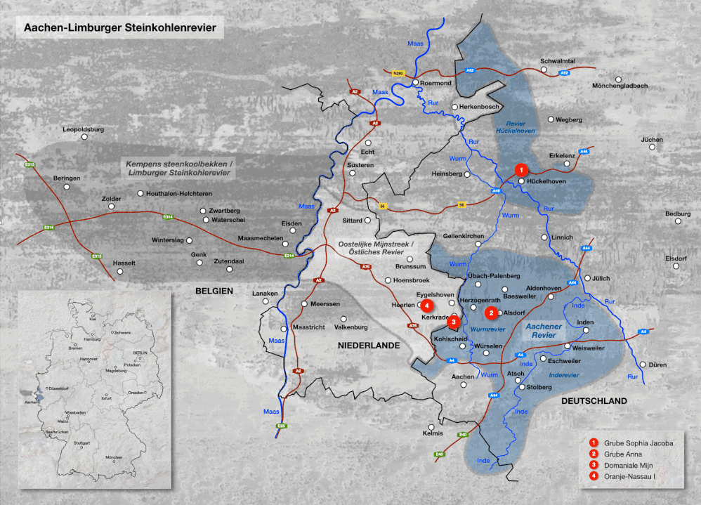 Zechen im Aachener Revier, Karte Aachener Revier, Zechen in Aachen, Zechen in Alsdorf, Zechen in Hückelhoven