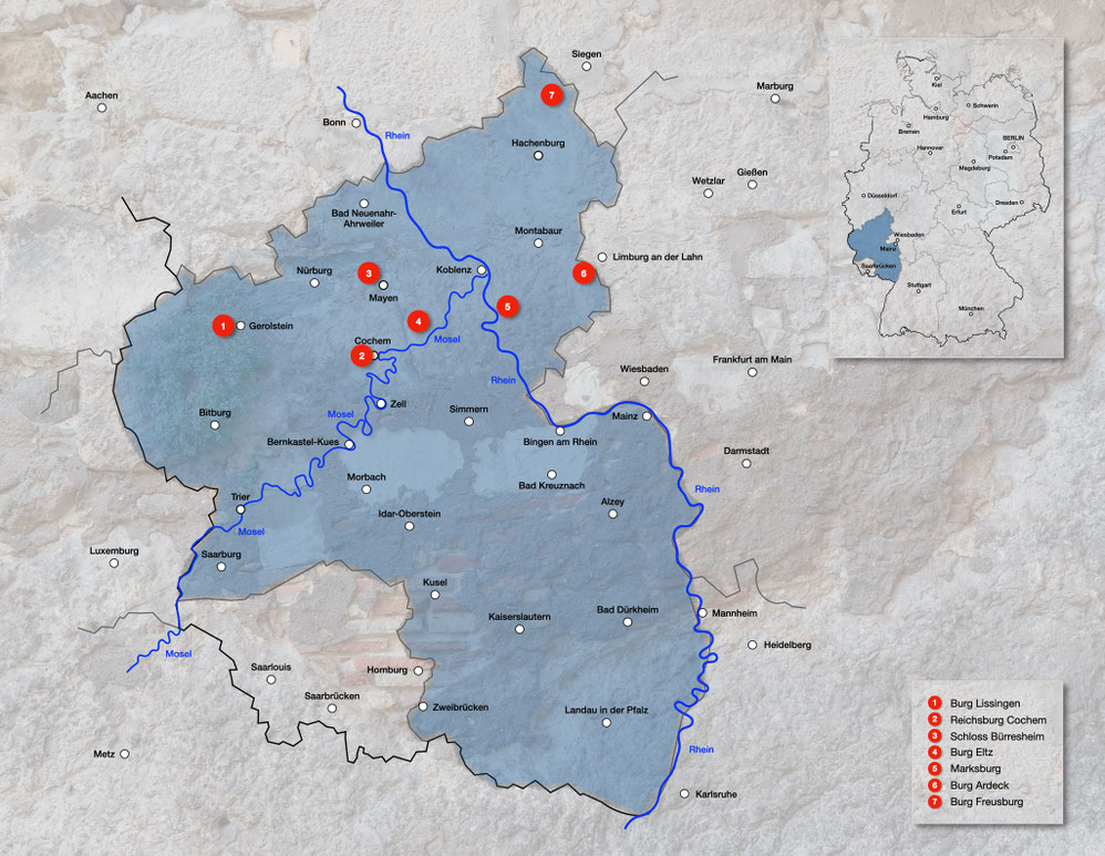 Burgen und Schlösser in Rheinland-Pfalz, Karte Burgen und Schlösser  