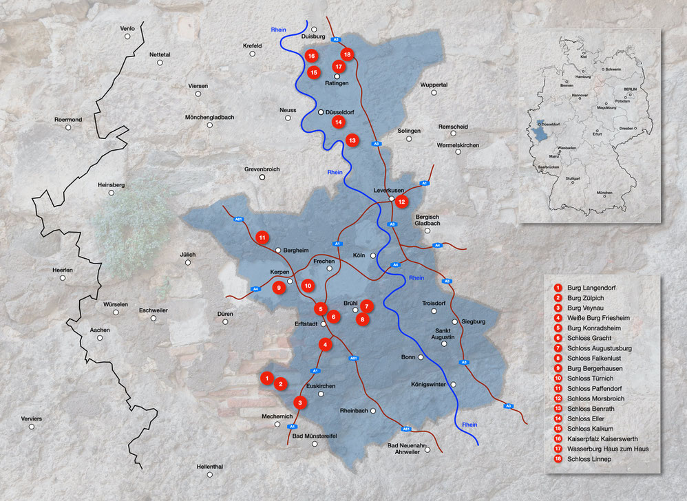Burgen und Schlösser im Rheinland, Karte Burgen und Schlösser  