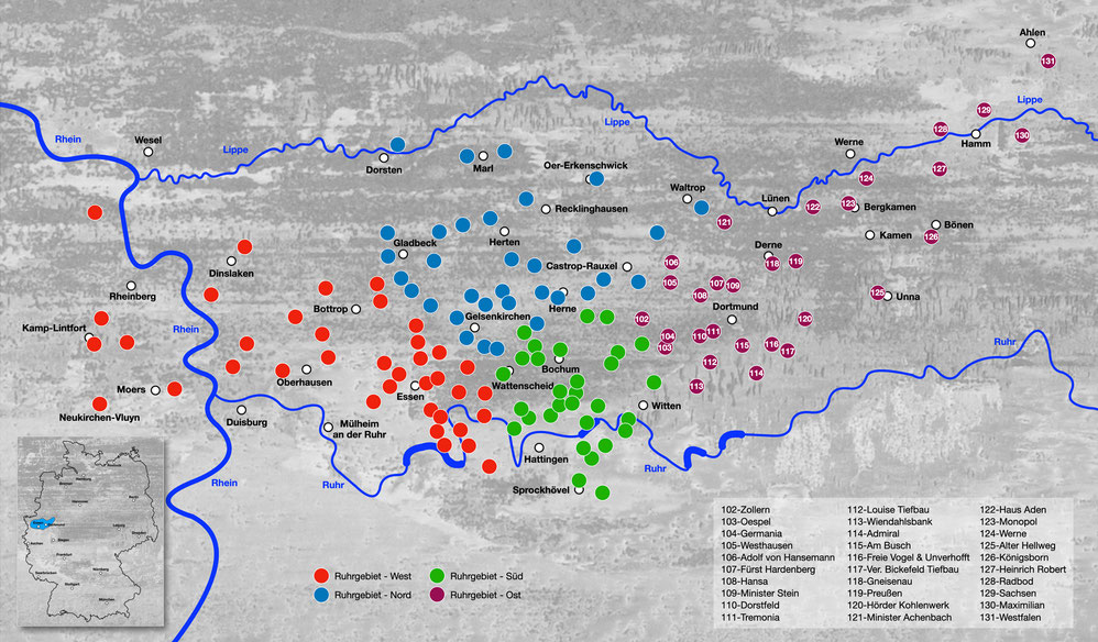 Zechen im Ruhrgebiet, Karte Ruhrgebiet, Zechen Dortmund, Zechen Hamm, Zechen Bergkamen