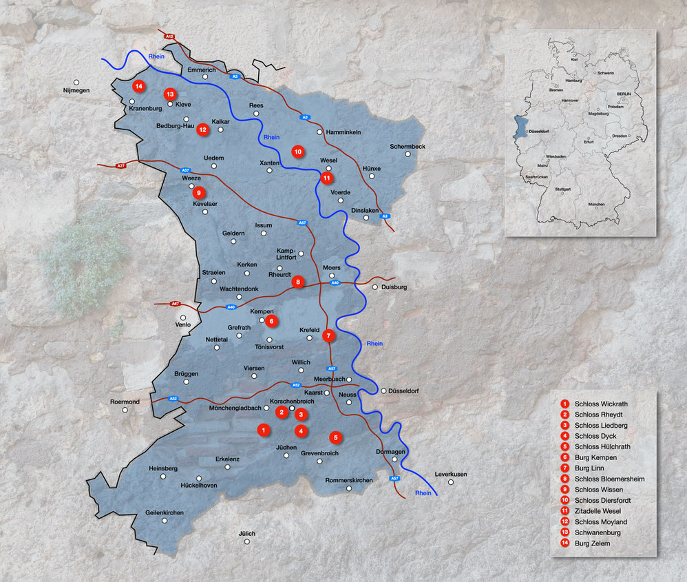 Burgen und Schlösser am Niederrhein, Karte Burgen und Schlösser  