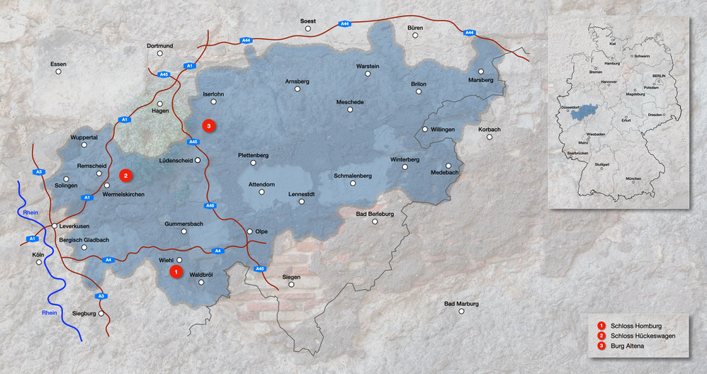 Burgen und Schlösser im Bergischen Land und Sauerland, Karte Burgen und Schlösser  