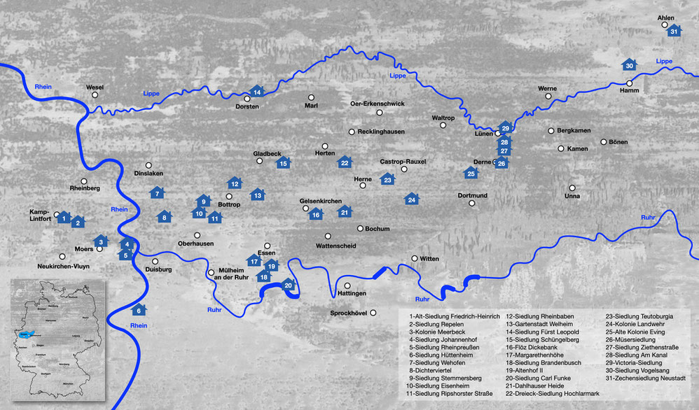 Karte der Arbeitersiedlungen im Ruhrgebiet, Zechensiedlungen, Arbeitersiedlungen Duisburg, Arbeitersiedlungen Oberhausen, Arbeitersiedlungen Bottrop, Arbeitersiedlungen Essen, Arbeitersiedlungen Gelsenkirchen, Arbeitersiedlungen Dortmund