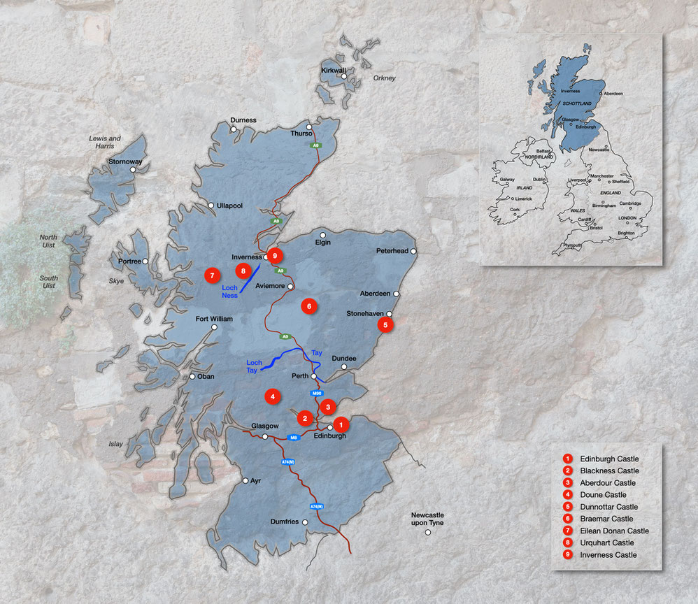 Burgen und Schlösser in Schottland, Karte Burgen und Schlösser  