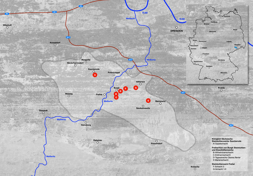 Zwickauer Steinkohlenrevier, Karte Zwickauer Steinkohlenrevier, Zechen Zwickau