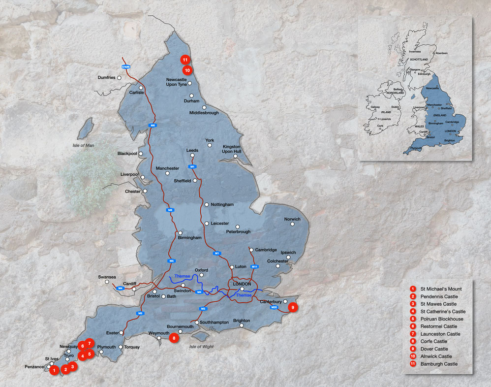 Burgen und Schlösser in England, Karte Burgen und Schlösser  