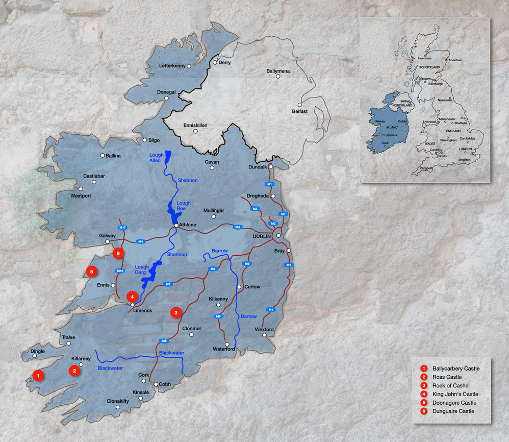 Burgen und Schlösser in Irland, Karte Burgen und Schlösser  