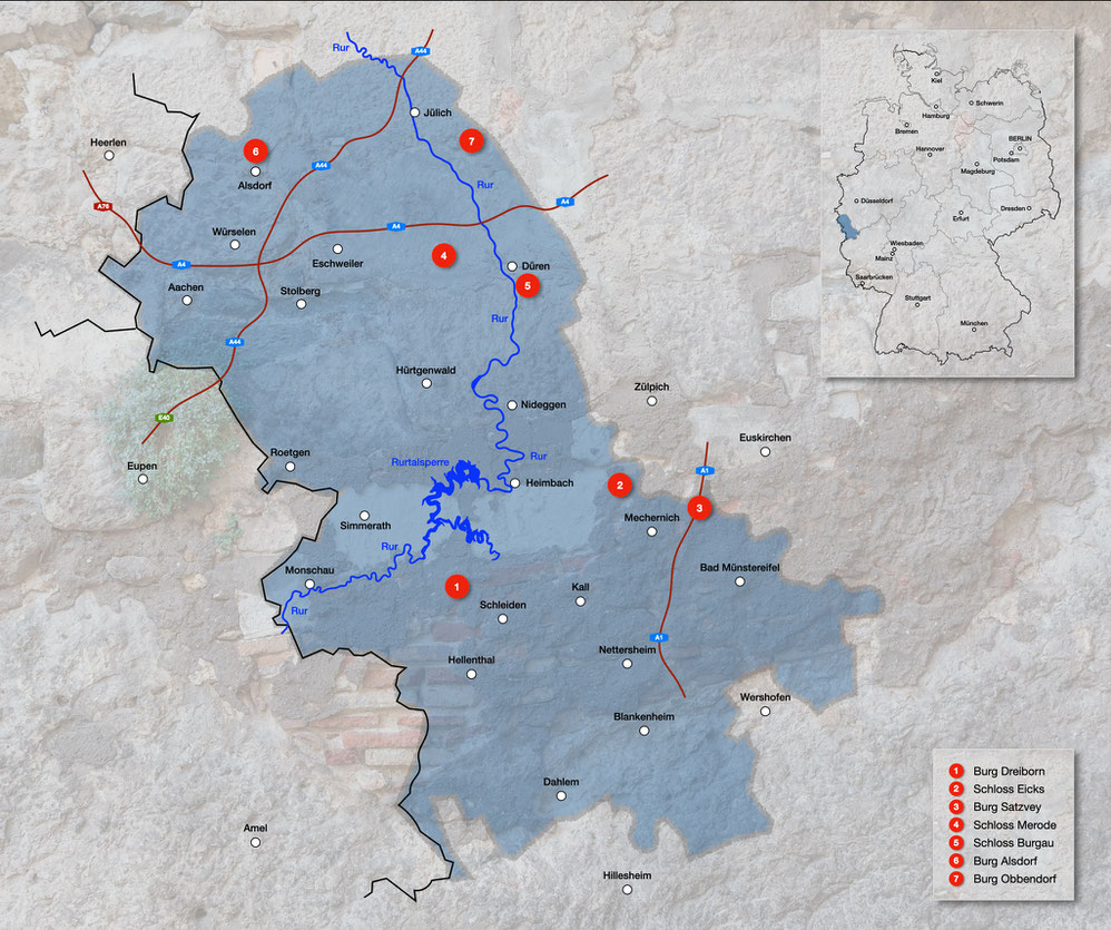 Burgen und Schlösser in der Nordeifel und Aachener Region, Karte Burgen und Schlösser  