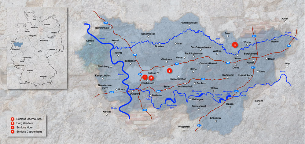 Burgen und Schlösser im Ruhrgebiet, Karte Burgen und Schlösser  