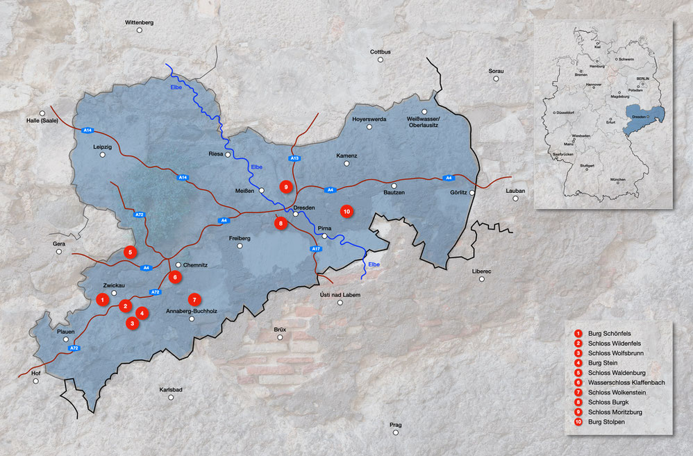 Burgen und Schlösser in Sachsen, Karte Burgen und Schlösser  