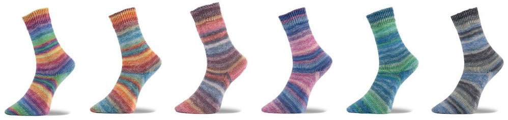 Das Foto zeigt die Sockenmodelle in den verschiedenen Farbverläufen der Sockenwolle Woolly Hugs Weltrekord Sockenwolle.