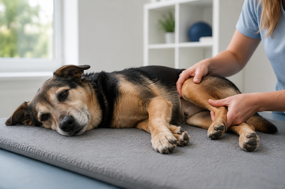 Reflexinduziertes Training (RIT) beim Hund in der Tierphysiotherapie – entspannter Hund liegt während einer ruhigen therapeutischen Behandlung auf einer Therapiematte.
