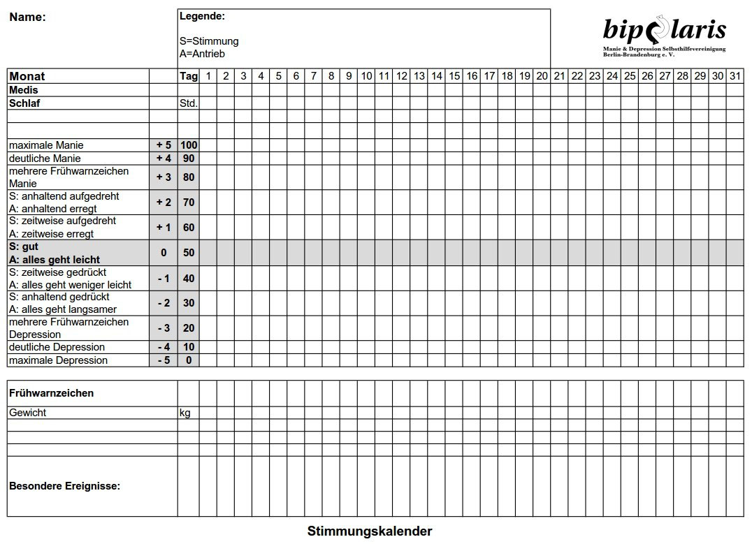 Stimmungstagebuch Stimmungskalender Bipolaris Manie Depression Selbsthilfevereinigung Berlin Brandenburg E V
