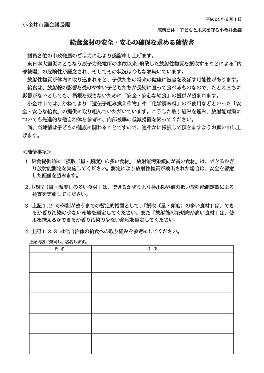 市に提出された文書 陳情書 要望書など Koganei Kyuusyoku ページ
