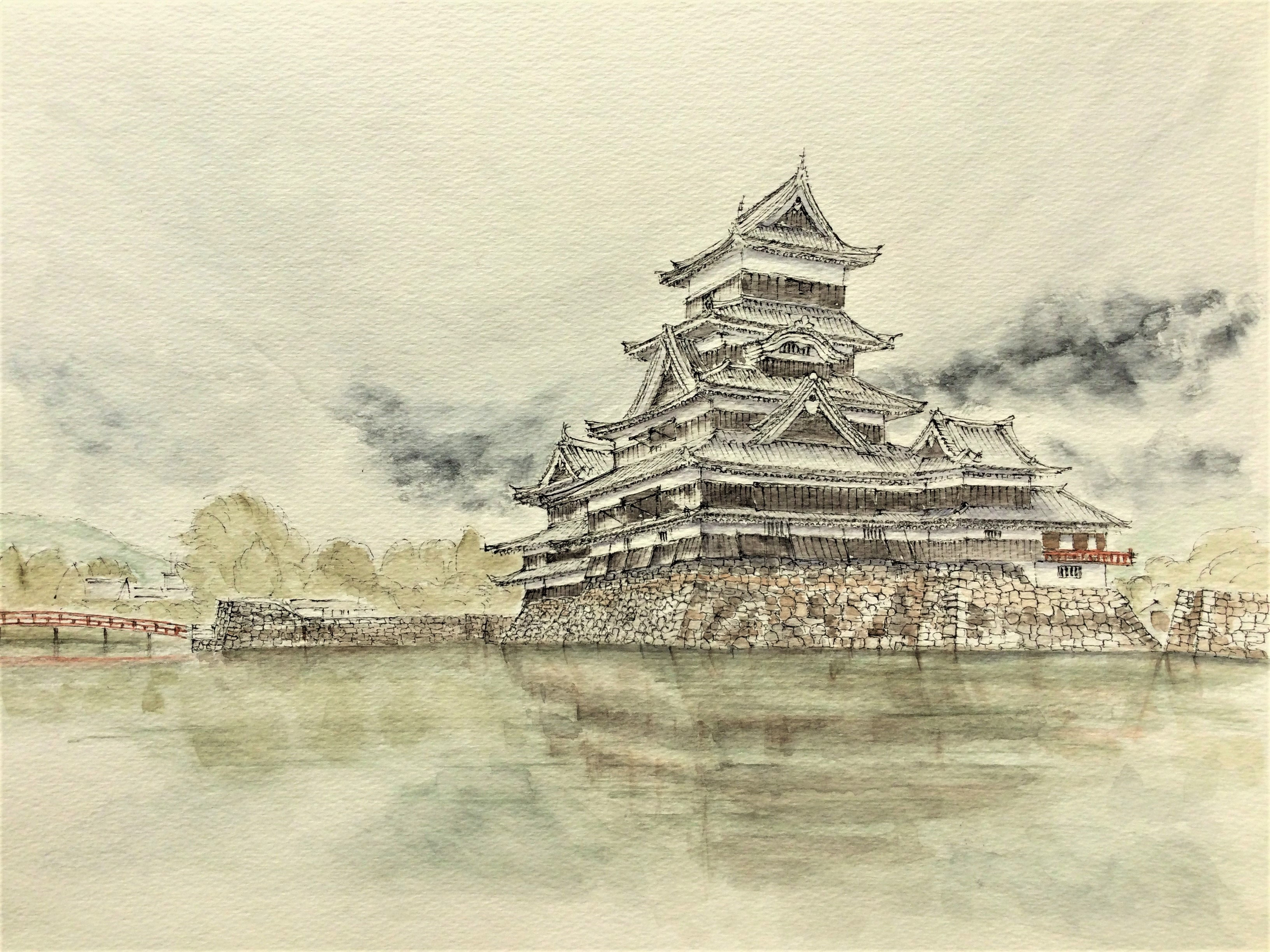 松本城　水彩画　額装 絵画 風景画 日本の城 長野県松本城 インテリアアート額付き