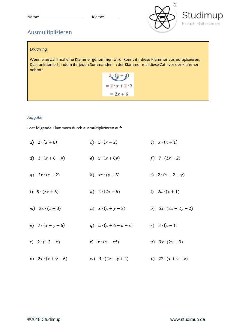 Arbeitsblätter zum Klammern Ausmultiplizieren - Studimup.de