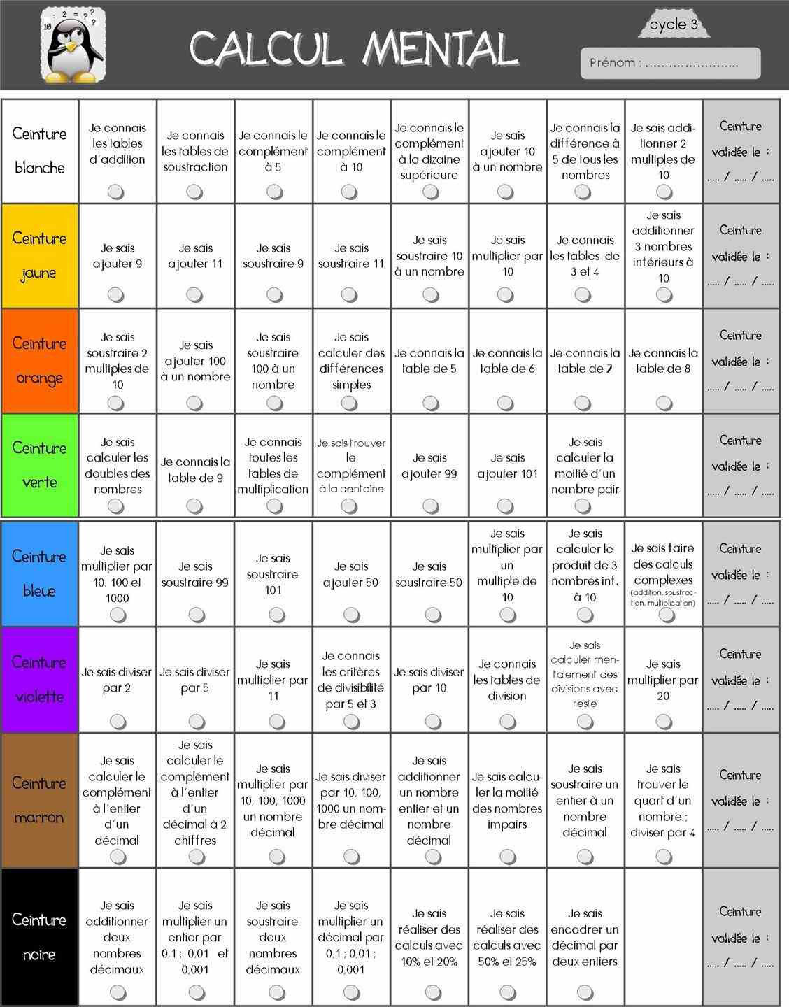 Ceintures CALCUL MENTAL - laclasse2delphine !