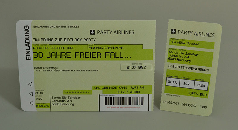 Einladungskarten Flugticket Geburtstag Hochzeit Tickettasche Exklusivedrucksachen
