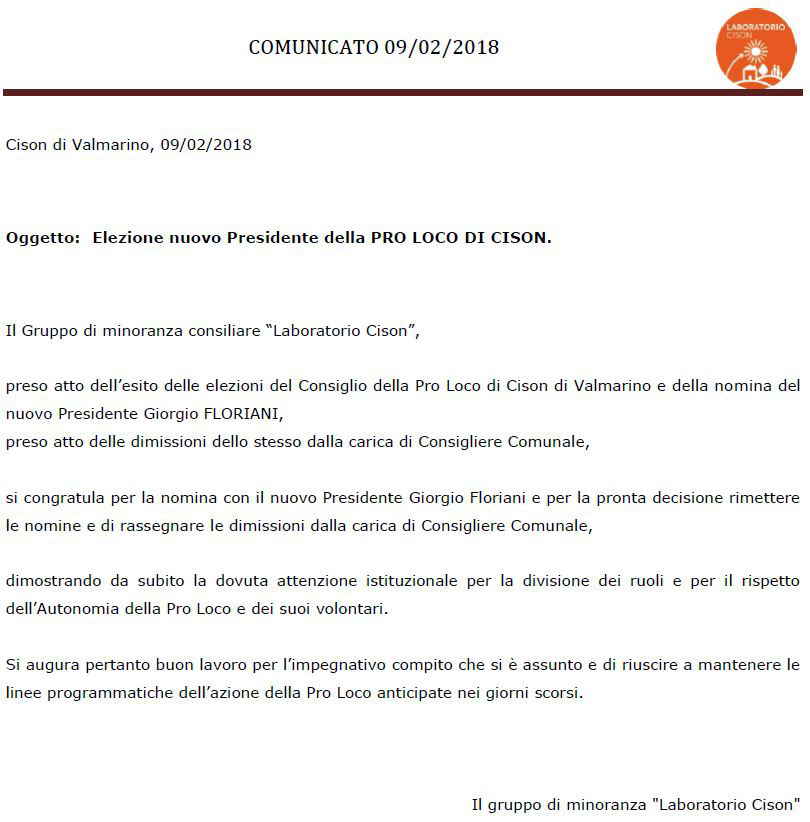 ELEZIONI DEL PRESIDENTE DELLA PRO LOCO DI CISON E DIMISSIONE ...