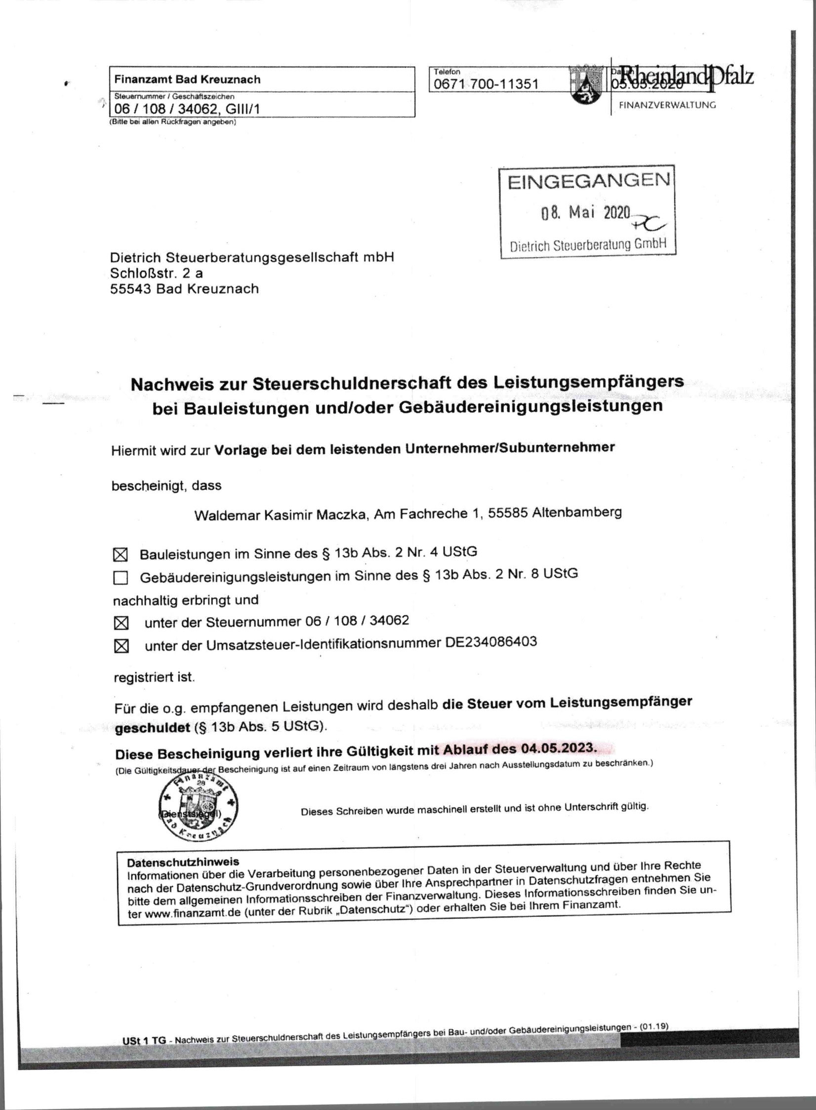 NACHWEIS STEUERSCHULDNERSCHAFT Fa W. Maczka