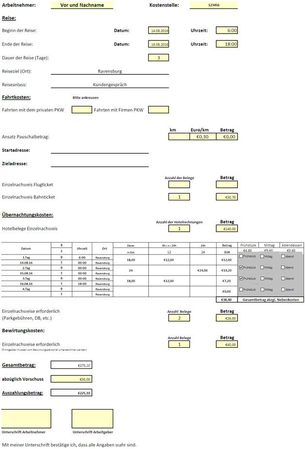 Excel Tool Reisekostenformular Hanseatic Business School
