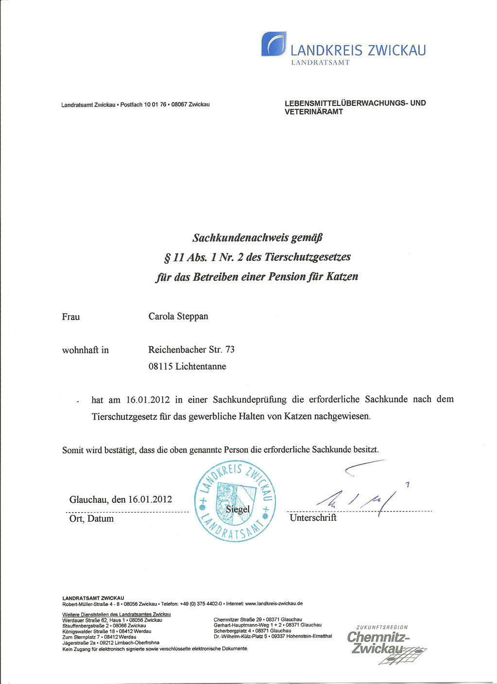Sachkundenachweis Katzenpension Lichtentanne Ot Ebersbrunn Bei Zwickau Sachsen