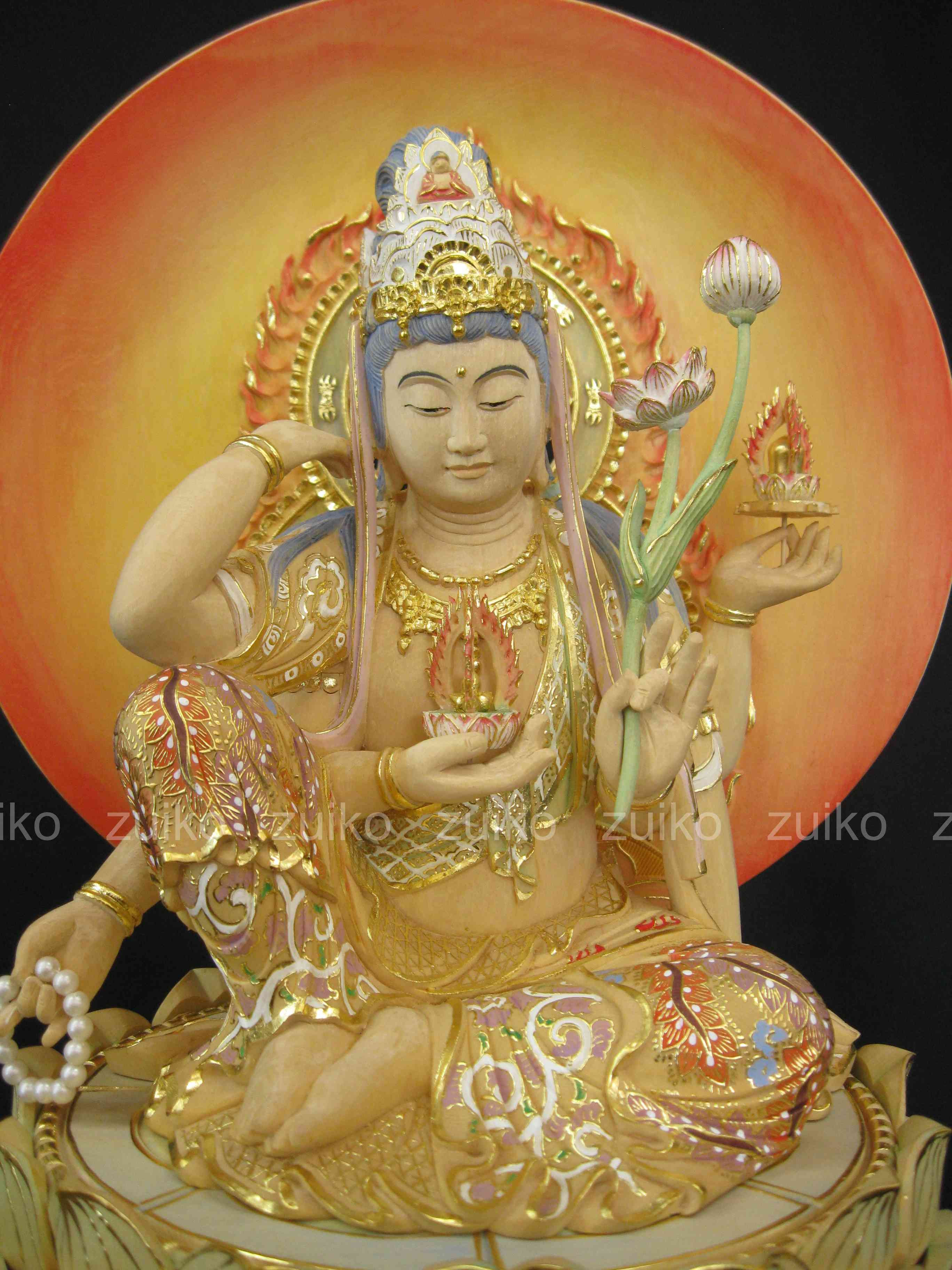 如意輪観音 桧淡彩切金 丸台座 割寸3寸 - Web Shop 浄光