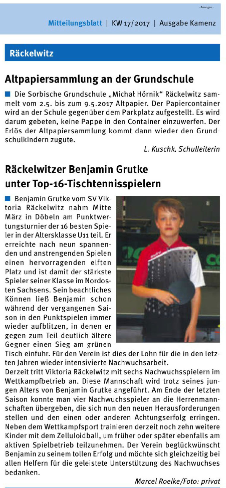 Serbske Nowiny 27.01.2020 Sportverein ViktoriaRäckelwitz 1992 e.V.