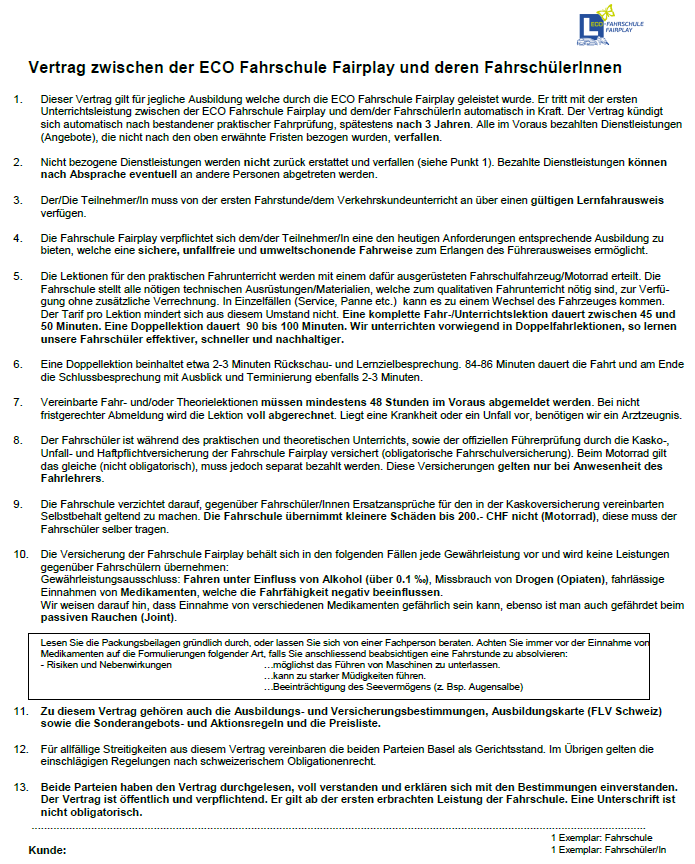 Unsere Vertragsbestimmungen - ECO-Fahrschule Fairplay Basel