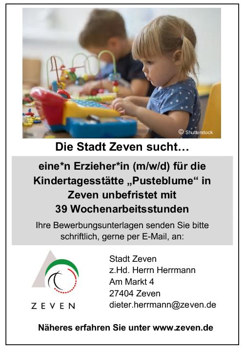 Jobticker aktuell +++ Stellenangebot Stadt Zeven +++ KITA Job für