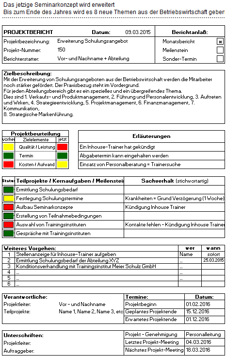 Excel Vorlage Projekt Bericht Hanseatic Business School